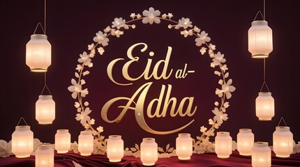 Naklejka premium Elegant Eid al Adha Greeting Card with Golden Lights. Festive Eid al Adha greeting card featuring golden ornaments, glowing lights, and Arabic calligraphy on a dark background.