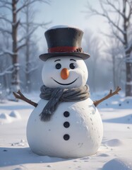 Fototapeta premium Frosty snowman amidst snow, winter gear scattered, frost, gear, winter activities
