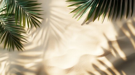 Fototapeta premium Abstract Sandy Beach with Palm Leaf Shadow and Transparent Waves, Top View Minimalist Travel Banner Design