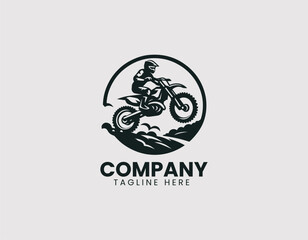 Fototapeta premium Trail Motorcycle with Rider in Action Vector Logo Design, Dirt Bike with Rider Jumping Vector Logo, Off-Road Motorcycle Rider in Motion Vector Logo