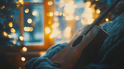 Acoustic guitar by window, Christmas lights