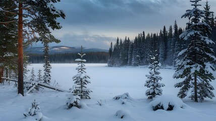 Winter landscape scene with snow-covered trees and a frozen lake beneath a cloudy sky