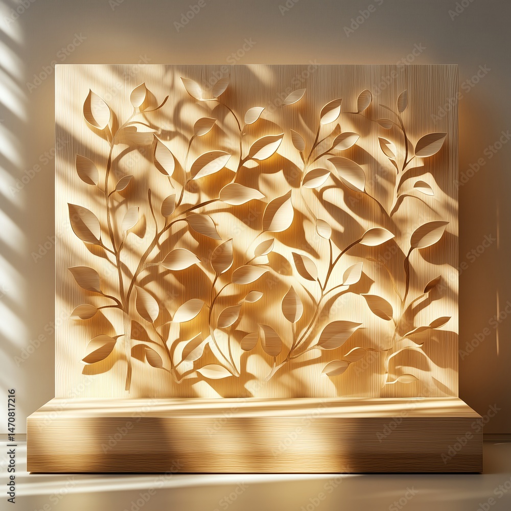Poster wooden display with leaf shadow pattern for minimalist 3d product staging and presentation