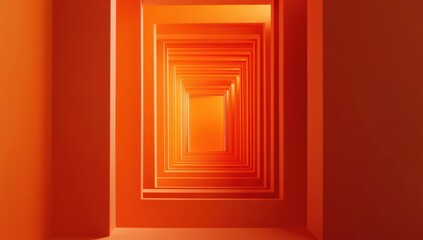 Orange tunnel of receding rectangular shapes.  A pathway of nested,  orange rectangles leads into a brighter space.  The perspective creates a sense of depth and narrowing
