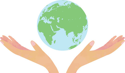 優しく地球を包む手とユーラシア・アフリカ・インド洋の地球イラスト