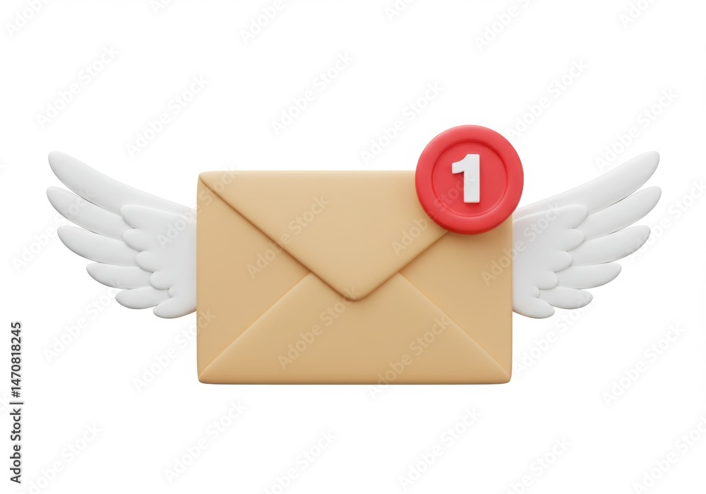 Poster flying envelope with wings and notification alert on a plain white backdrop