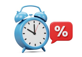 A light blue alarm clock with a red percentage icon on a plain white background