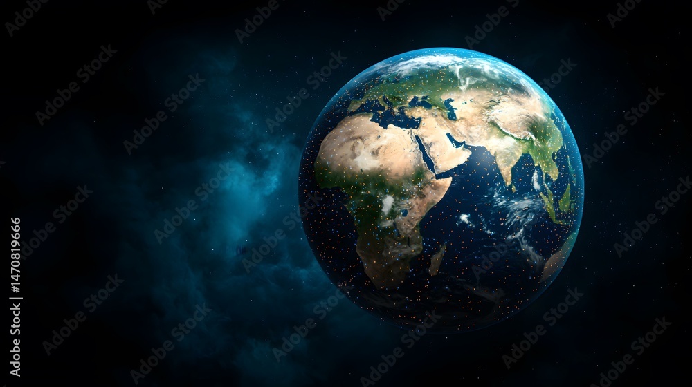 Poster the image shows a detailed view of planet earth from space, set against a backdrop of dark space wit