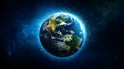 Fototapeta premium The image shows a digitally enhanced visualization of planet Earth, set against a dark space backdrop. A glowing network of interconnected lines encircles the globe, highlighting the concept of glob