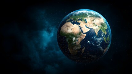 The image shows a detailed view of planet Earth from space, set against a backdrop of dark space with nebulae.  Numerous small points of light, possibly representing city lights or satellites, are vi