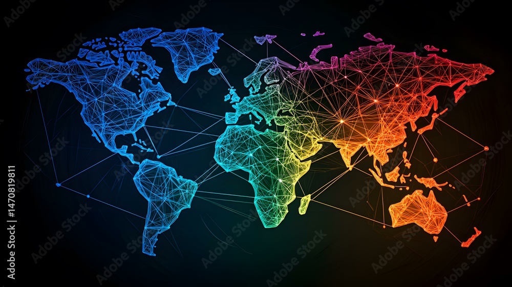 Poster a vibrant, multicolored, interconnected world map rendered in a network of glowing lines and nodes.