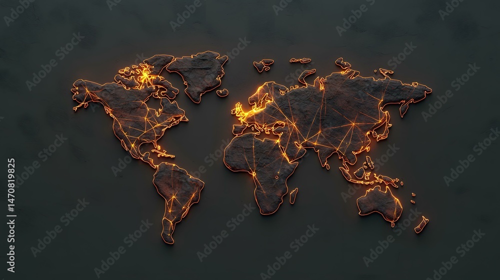 Poster a dark stone world map with glowing orange lines connecting various points across the continents.