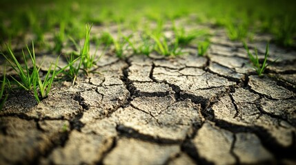 Obraz premium Green grass growing amidst dry cracked earth in close detail