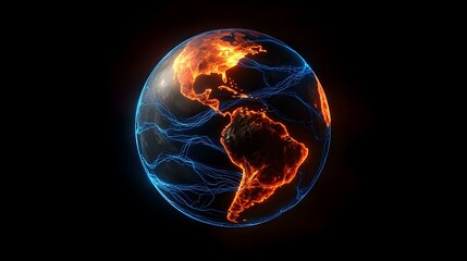 The image shows a stylized 3D rendering of planet Earth, focusing on the Americas.  North and South America are outlined in fiery orange, while glowing blue lines represent energy streams or connecti
