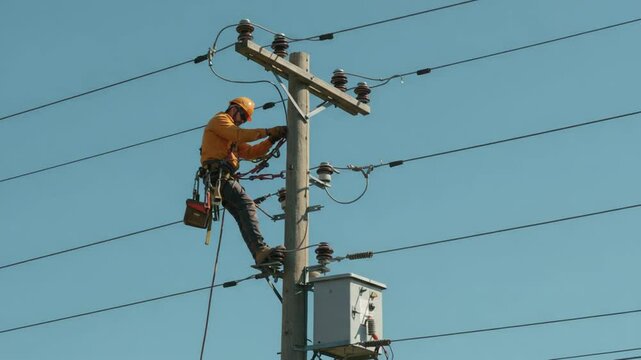 Utility worker atop wooden power pole repairing electrical wiring