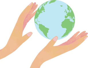 地球を優しく包む手とアメリカ大陸・大西洋の地球儀イラスト