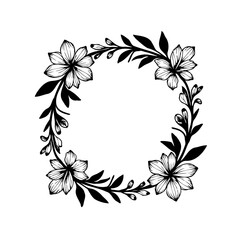Elegant Floral Frame Illustration with Blossoms and Foliage in Monochrome