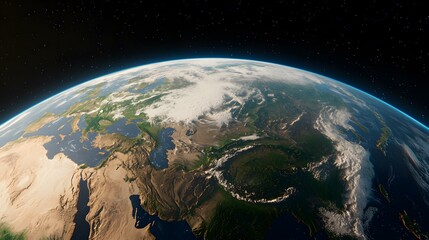 Obraz premium A satellite image shows a portion of the Earth, focusing on Eurasia, with visible landmasses, bodies of water, and cloud cover, all set against the backdrop of space.