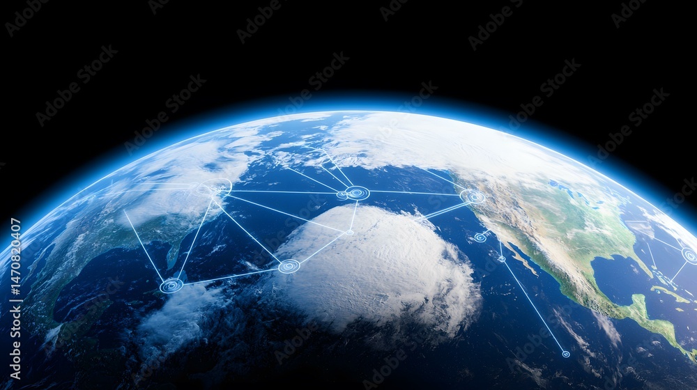 Aufkleber a digital rendering shows earth from space, with glowing blue lines connecting various points across