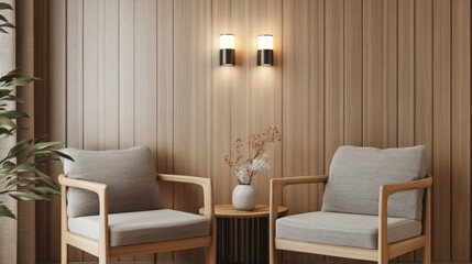 Fototapeta premium Light-toned wood wall paneling in a cozy room with matching furniture and soft lighting