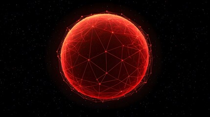 A red, glowing sphere, seemingly planetary in nature, is depicted against a backdrop of a dark, starlit space.  The sphere is enveloped in a network of interconnected lines, creating a mesmerizing, f