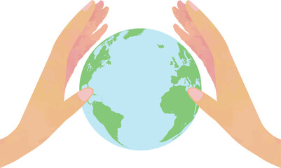 地球を優しく包む手とアメリカ大陸・大西洋の地球儀イラスト