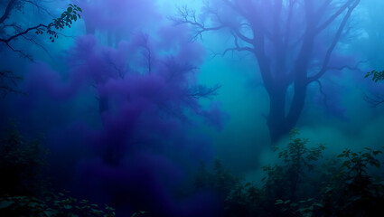Fototapeta premium Enchanting Blue Forest: Mystical Tree Silhouettes in Misty Purple Fog Landscape