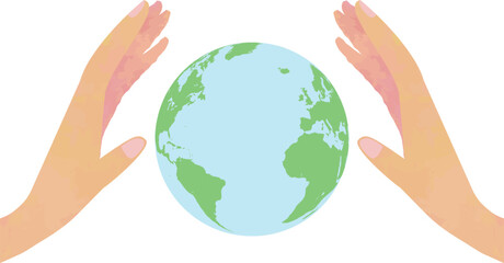 地球を優しく包む手とアメリカ大陸・大西洋の地球儀イラスト