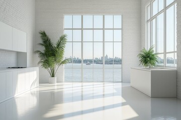 Fototapeta premium Modern, bright kitchen interior with expansive city views.