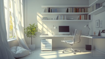 Fototapeta premium Modern home office with wall-mounted shelves, ergonomic chair, and minimalist dcor in soft, natural lighting