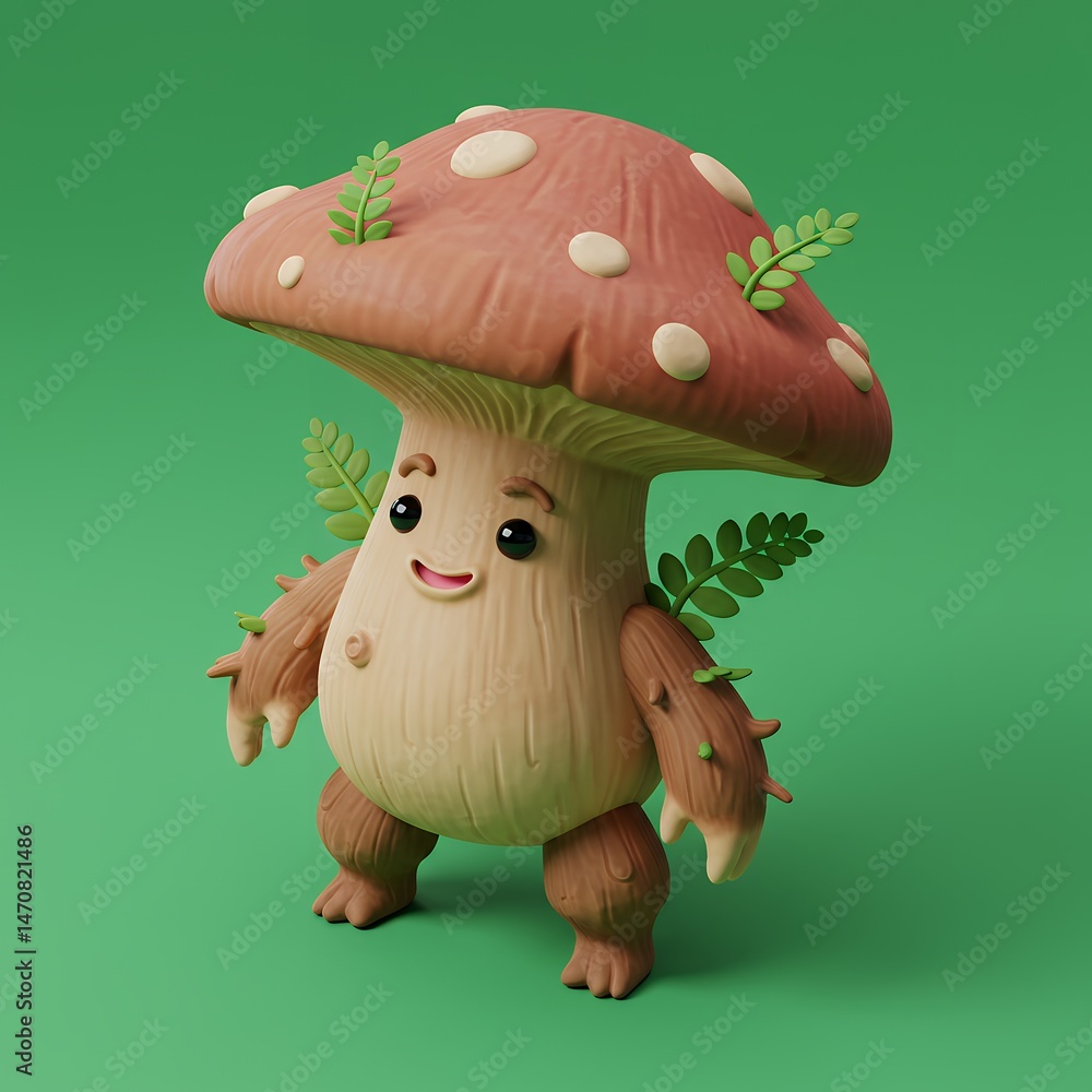 Aufkleber cartoon mushroom character with fern leaves in green background 3d rendering animated style