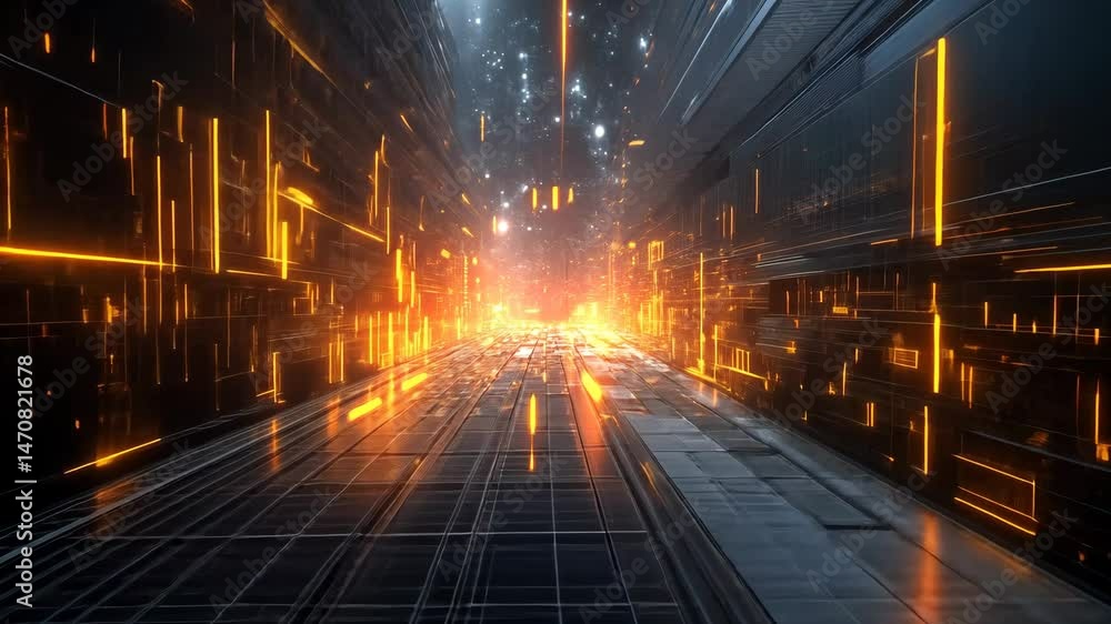Poster futuristic digital landscape glowing lines and particles create depth and motion in vibrant tunnel