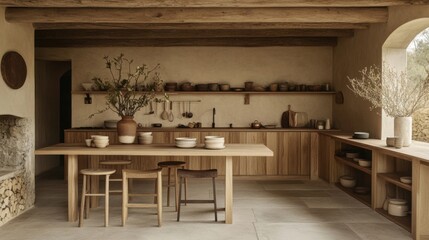 Open shelving kitchen with natural wood tones, ceramic dishes, and simple dcor