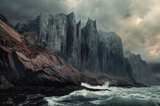 Dramatic coastal cliffs and stormy sea under a brooding sky. Majestic rock formations meet powerful waves.