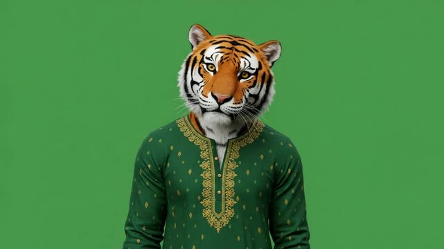 Anthropomorphic tiger portrait in green and gold traditional shirt