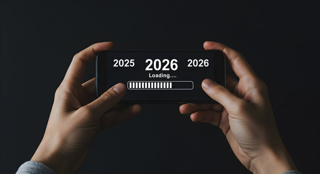 Loading bar progress on mobile phone for year transition to future new year digital technology concept - Powered by Adobe