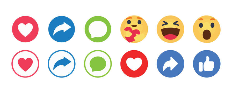 Naklejki Facebook reactions. social media smiley emoji face   thumb up icon, like, love, heart, care, haha, wow, sad, angry, emojis icon.notification icon.social media emoticon reactions collection set. 