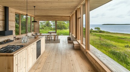 Sleek, light wood kitchen cabinetry in an open-plan home with matte black fixtures