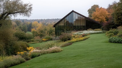 Glass Building Enclosed by Vibrant Autumnal Gardens with Green Grass Trees and Overcast Sky Scenic View