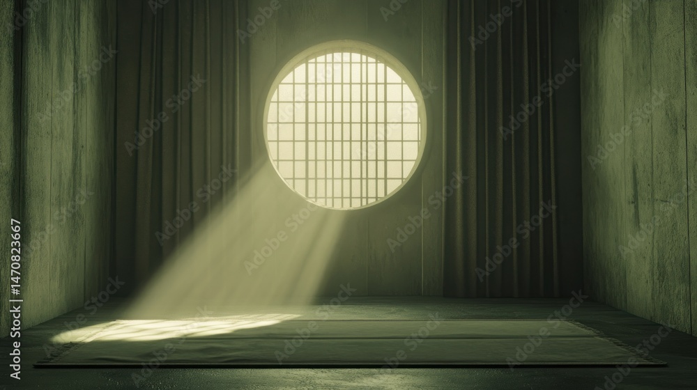 Poster light streams through a round window into a simple interior space