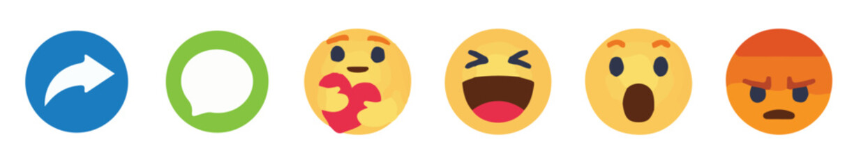 Social media reaction icon.Like, love, heart, thumb up, comment, share,  button sign in circle and speech bubble shapes, emoji post reactions, set social media notification.vector illustration eps 10.