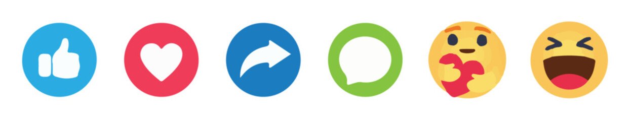 Social media reaction icon.Like, love, heart, thumb up, comment, share,  button sign in circle and speech bubble shapes, emoji post reactions, set social media notification.vector illustration eps 10.