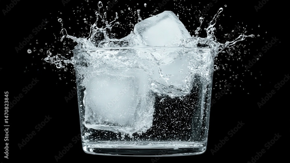 Poster glass of water with ice cubes creating splashes on black background in studio setting dynamic shot o