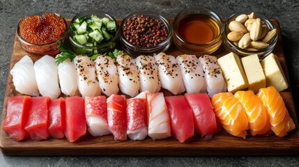 Exquisite assortment of fresh seafood and accompaniments on a wooden platter.