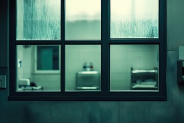 Fototapeta premium A blurry view through a window reveals a dimly lit interior, possibly a hospital room or laboratory.