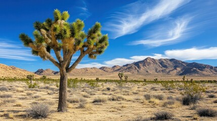 A picturesque landscape features a large tree and distant mountains