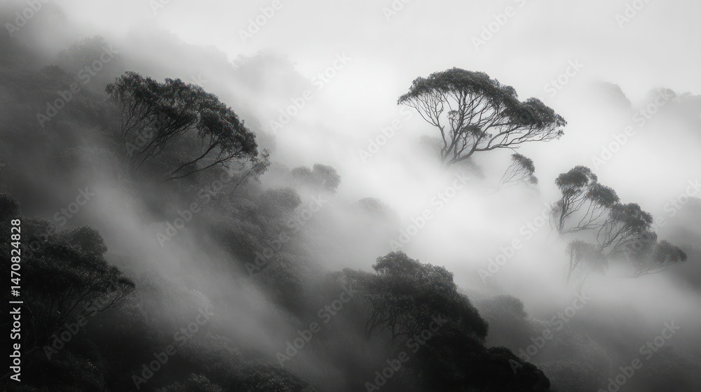 Poster trees are surrounded by dense fog creating an ethereal environment