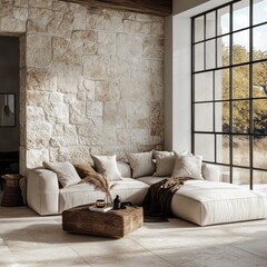 Modern sectional sofa in a rustic living area.