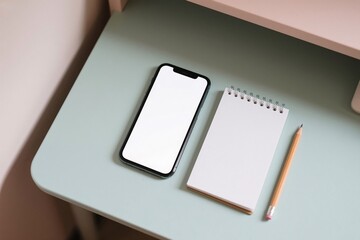 A modern desk with a smartphone, notebook and pencil. A smartphone with a blank screen rests next to a spiral-bound notepad and a wooden pencil