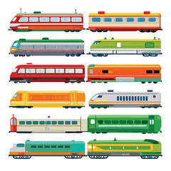 Eight Classic passenger train arranged on white background